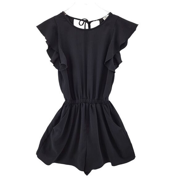 Aritzia‎ Wilfred Fleurette Romper Size XS Black Open Back Short Flutter Sleeves - Picture 3 of 13